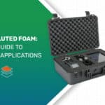 A black, rugged carrying case is open, featuring convoluted (egg-crate) foam in the lid and custom-cut foam in the base protecting sensitive electronic equipment, including an audio recorder and microphones. The image is the hero graphic for a guide titled "Convoluted Foam: A Guide to Packing Applications.